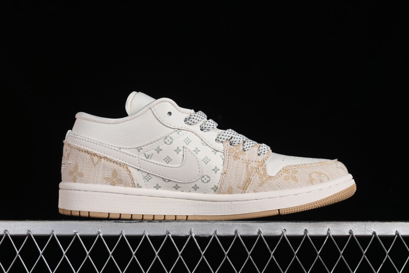 Nike Air Jordan 1 Low LV Collaboration Denim Khaki Customized Casual Sneakers - SJ9950-002