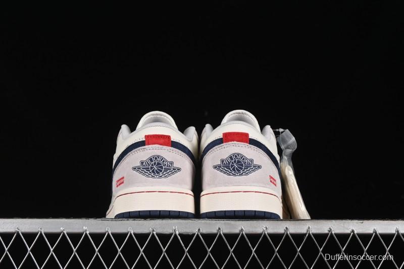 Nike Air Jordan 1 Low Supreme Collaboration - Pig Grey Print Custom Retro Basketball Shoes - LJ6688-009