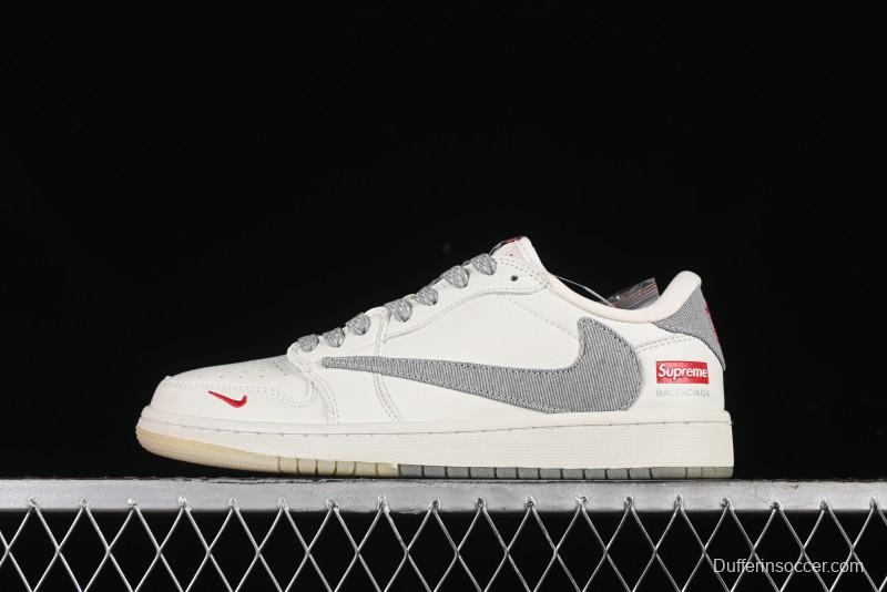 Nike Travis Scott x Fragment Design x Air Jordan 1 Low OG SP AJ1 Supreme Collaboration - Light Grey Denim Two-Tone Low-Top Casual Sneakers - JH6088-705