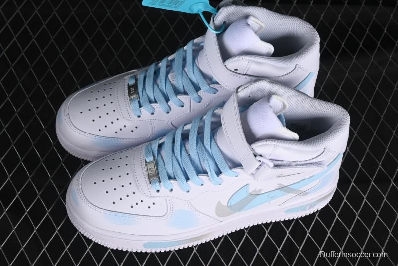 Nike Air Force 1 '07 Mid Light Blue Hand-Painted Cracked Three Stripes Shadow Mid-Top Casual Sneakers - CW2289-111