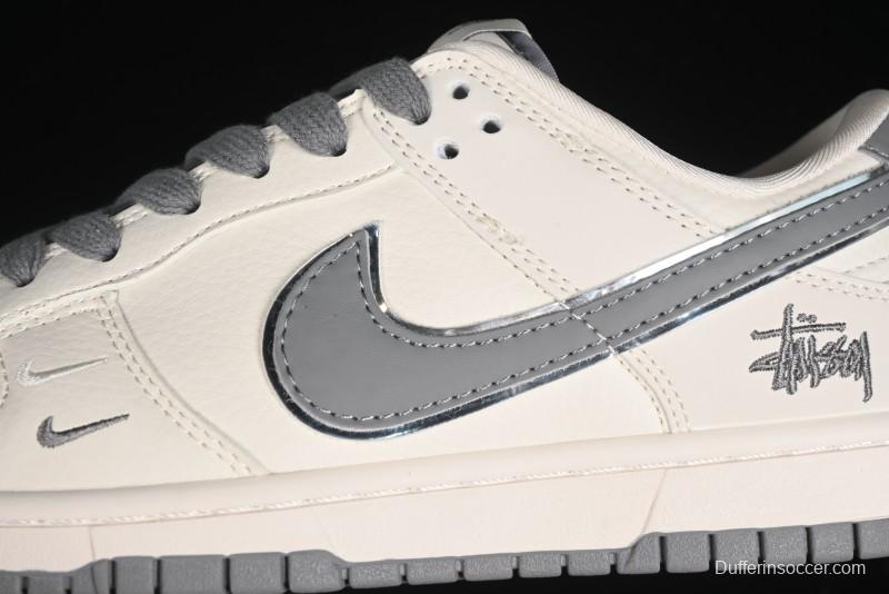 Nike SB Dunk Low Stussy Collaboration - Off White Dark Grey Swoosh Anniversary Custom Low-Top Casual Skate Shoes - DQ1098-382