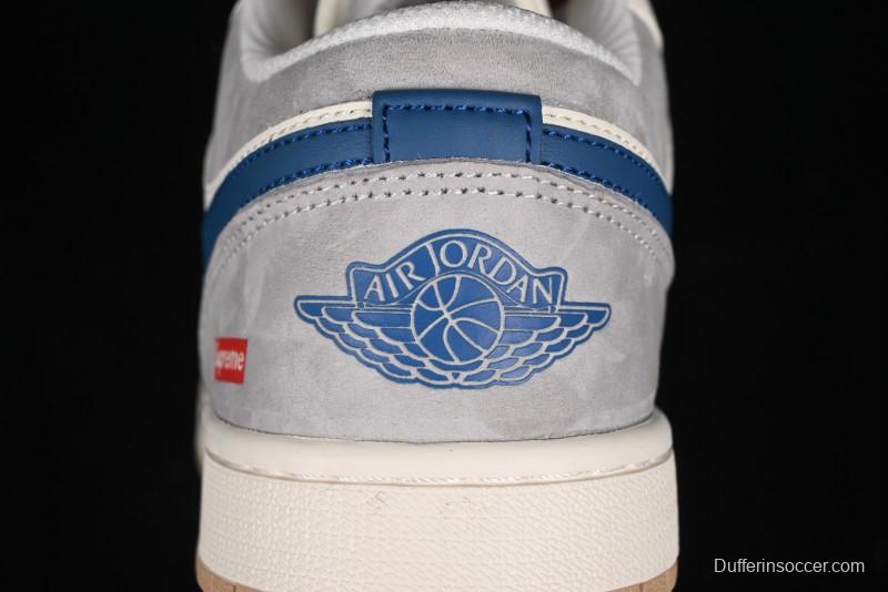 Nike Air Jordan 1 Low Supreme Collaboration - Retro Basketball Shoes in Blue and Gum Sole - SJ9950-022