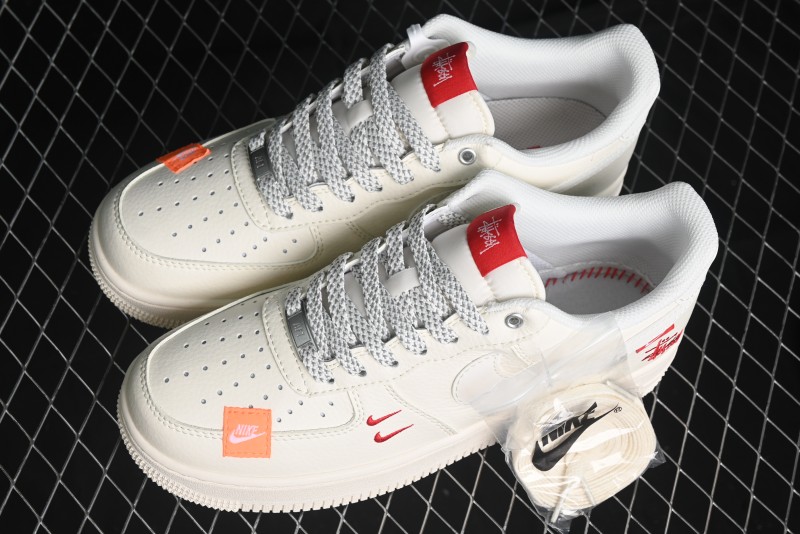 Nike Air Force 1 '07 Low Stussy Collaboration - Double Swoosh Red Tag Low-Top Casual Sneakers - SJ6698-013