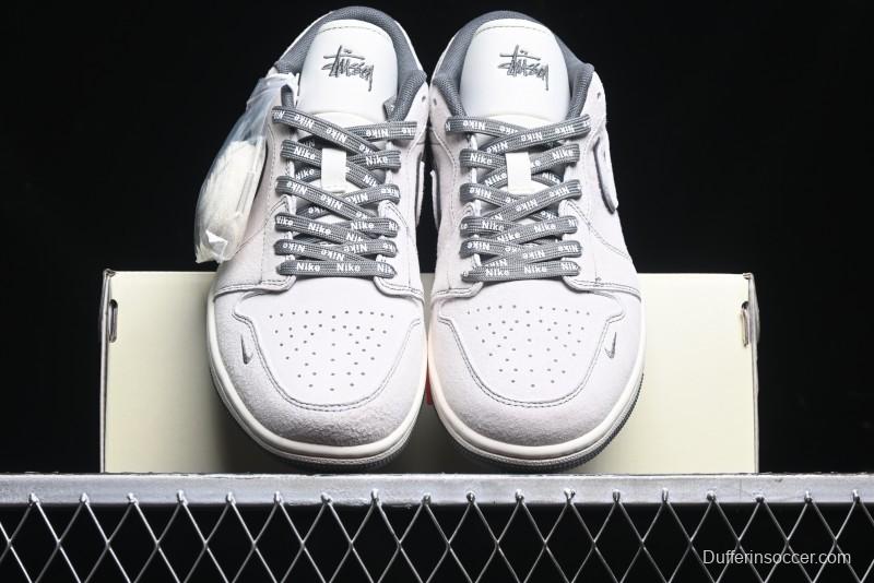 Nike Air Jordan 1 Low AJ1 Stussy Collaboration - Premium Customized Pigskin Grey Line Retro Basketball Shoes - DM9188-005