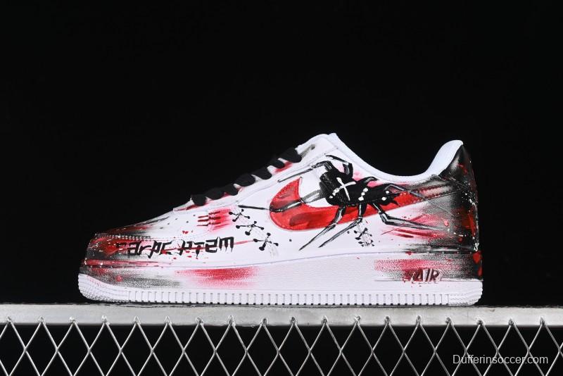 Nike Air Force 1 '07 Low Casual Sneakers with 2D Black and White Hand-Painted Blood Night Stitching Design - CW8822-011