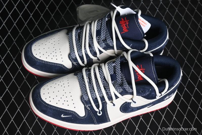 Nike Air Jordan 1 Low Stussy Collaboration - Blue Red Custom High-End Retro Basketball Shoes - SJ9950-049