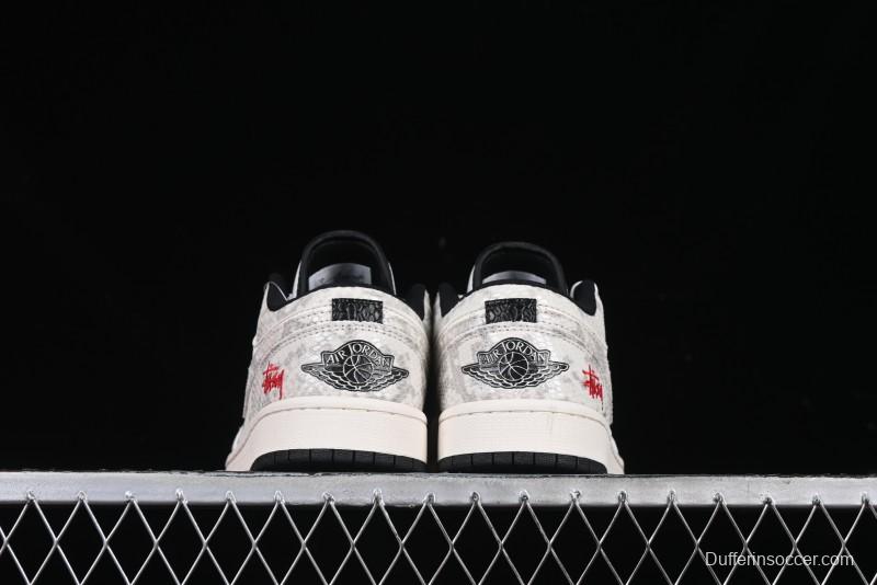 Nike Air Jordan 1 Low Retro Basketball Shoes - Stussy Grey Snake Custom - FC1688-200