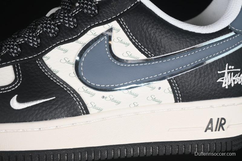 Nike Air Force 1 '07 Low Stussy Collaboration Grey Blue Black Leather Low-Top Casual Sneakers - XZ6188-199