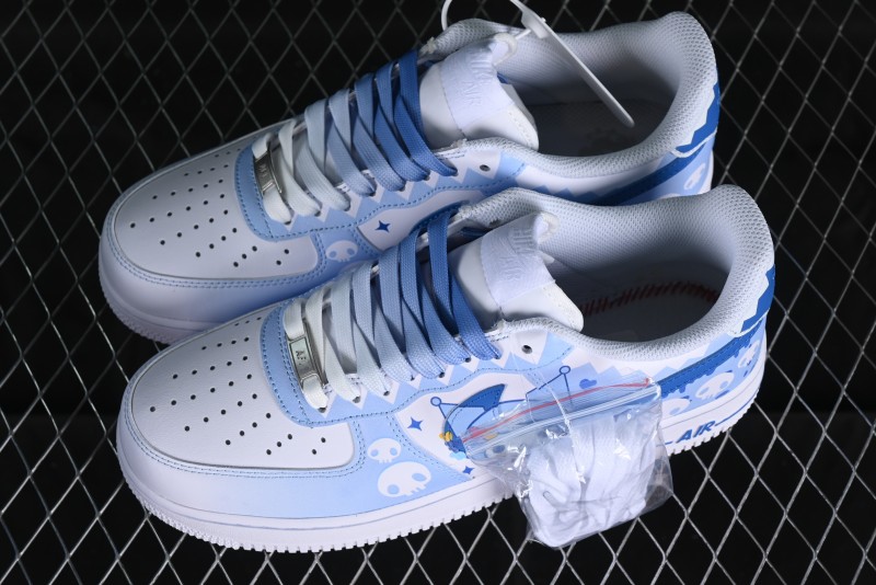 Nike Air Force 1 '07 Low Witch Collaboration Custom Leather Sneakers with Skull Design and Gradient White-Blue - CW2288-111