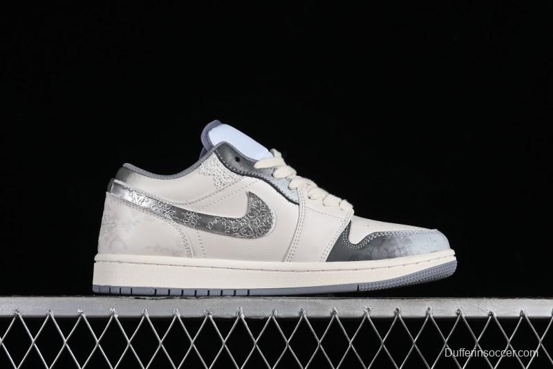 Nike Air Jordan 1 Low AJ1 Panda Prank Modern Gray Floral Low-Top Casual Sneakers - 553560-053