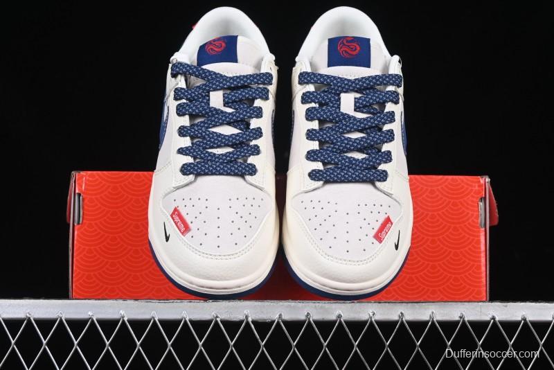 Nike SB Dunk Low Supreme Collaboration - Off-White 3D Navy Swoosh Anniversary Custom Low-Top Casual Sneakers - FC1688-204