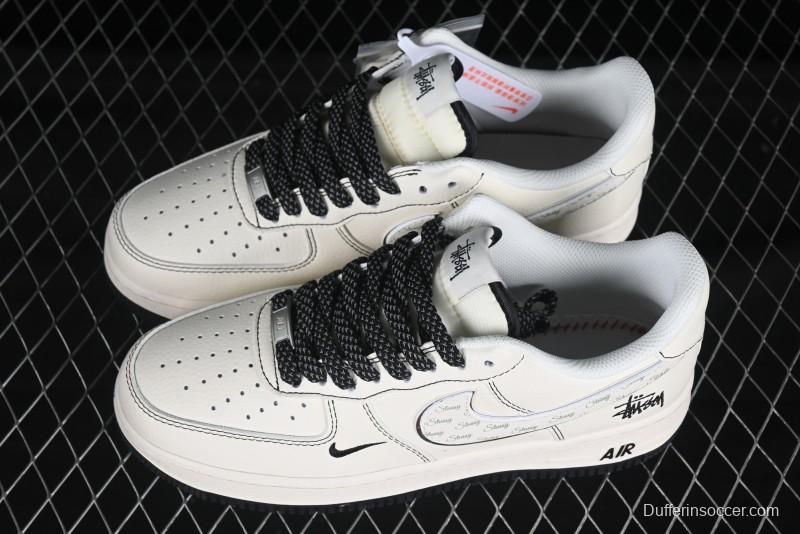 Nike Air Force 1 '07 Low Stussy Collaboration Beige Black Floral Swoosh Casual Sneakers - HH7518-040