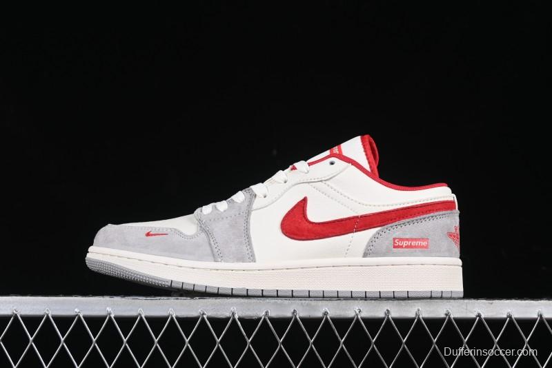 Nike Air Jordan 1 Low AJ1 Supreme Collaboration - White Grey Red Swoosh Retro Basketball Shoes - SJ9950-024