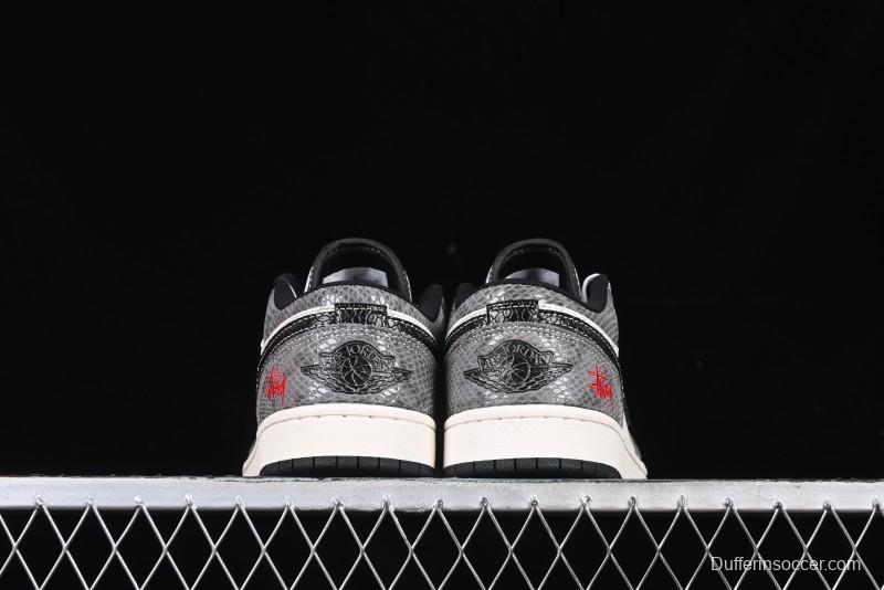 Nike Air Jordan 1 Low Retro Basketball Shoes with Custom Stussy Grey Snake Design - FC1688-202