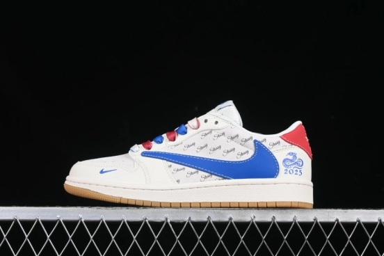 Nike Travis Scott x Fragment Design x Air Jordan 1 Low OG SP AJ1 Snake Year Limited Blue Swoosh Gum Sole Low-top Casual Sneakers - XS3086-011