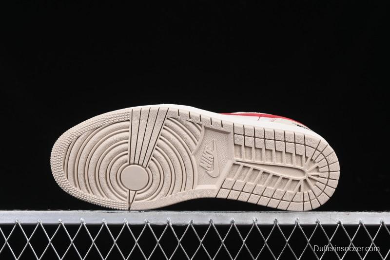 Nike Air Jordan 1 Low Stussy Collaboration Khaki Red Hook Retro Basketball Shoes - SJ9950-040