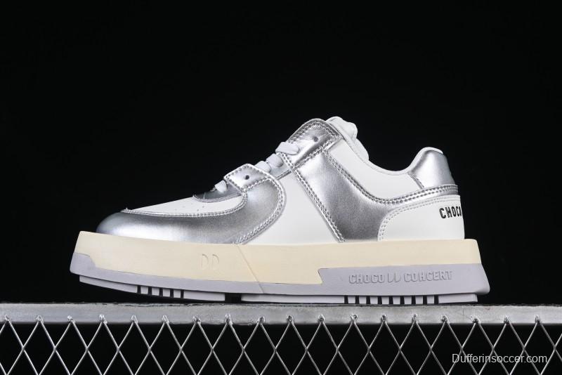 Choco Concert Leather Asymmetrical Fashion Sneakers Silver White - AJE5