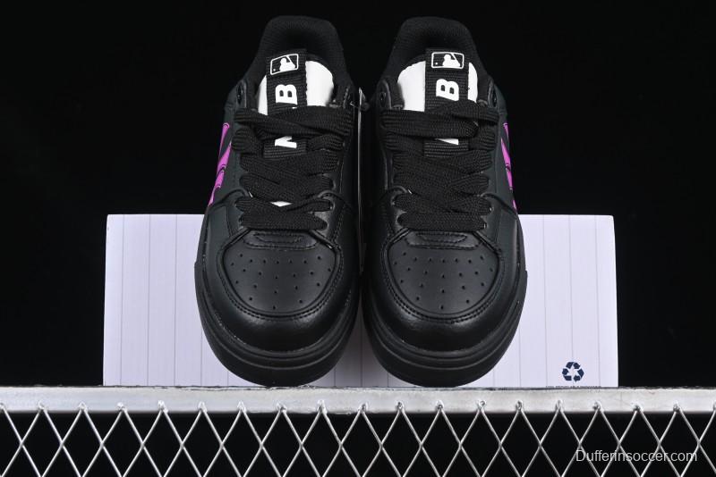 NY Yankees Black Leather Sneakers with Bold Pink Logo