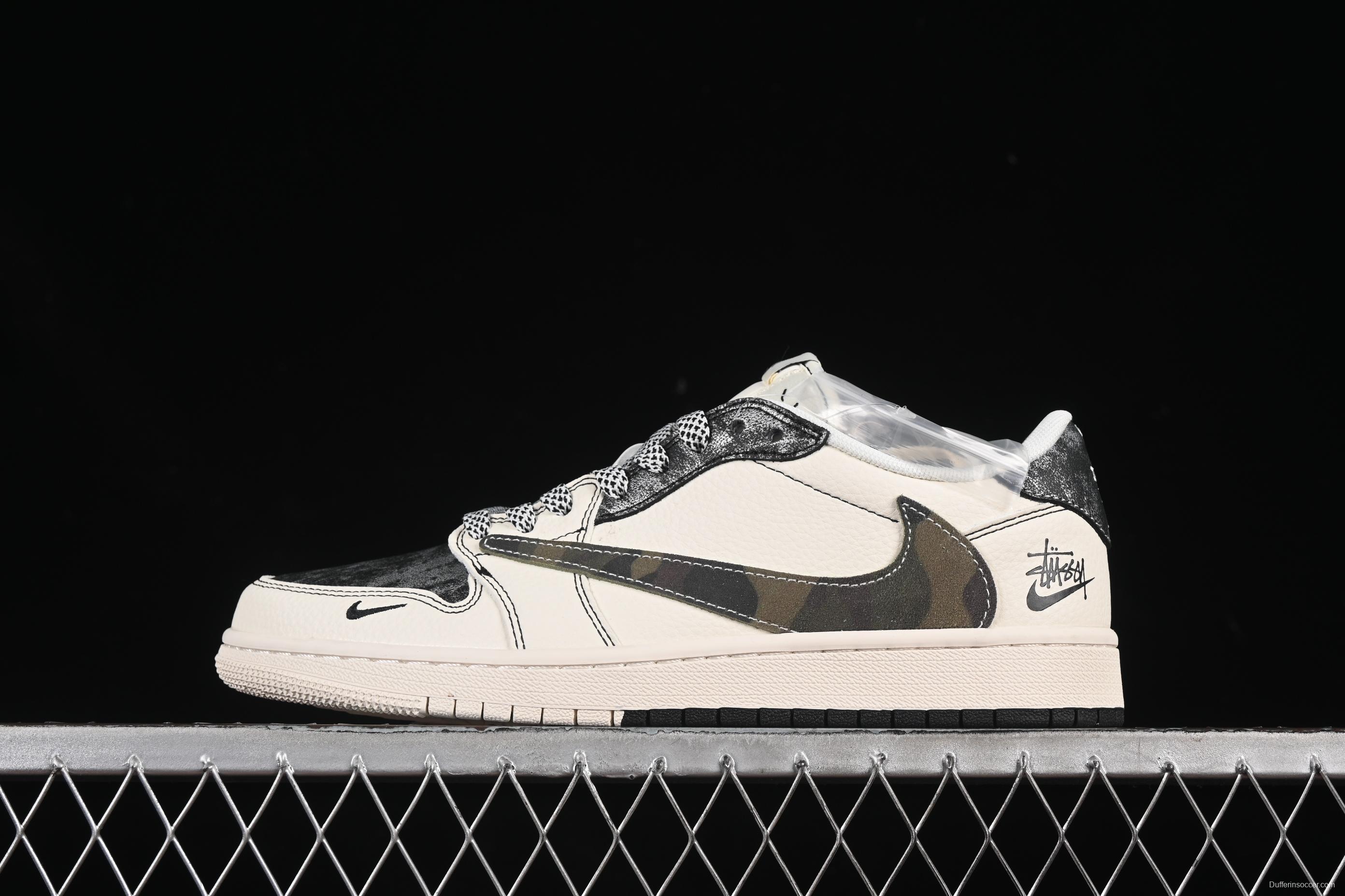 Nike Travis Scott x Fragment Design x Air Jordan 1 Low OG SP AJ1 Stussy Collaboration Dual Camo Swoosh Low-Top Casual Sneakers - XS7089-548