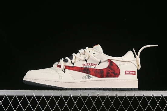 Nike Travis Scott x Fragment Design x Air Jordan 1 Low OG SP AJ1 Supreme Collaboration Sneakers with Reverse Swoosh - DM6868-109