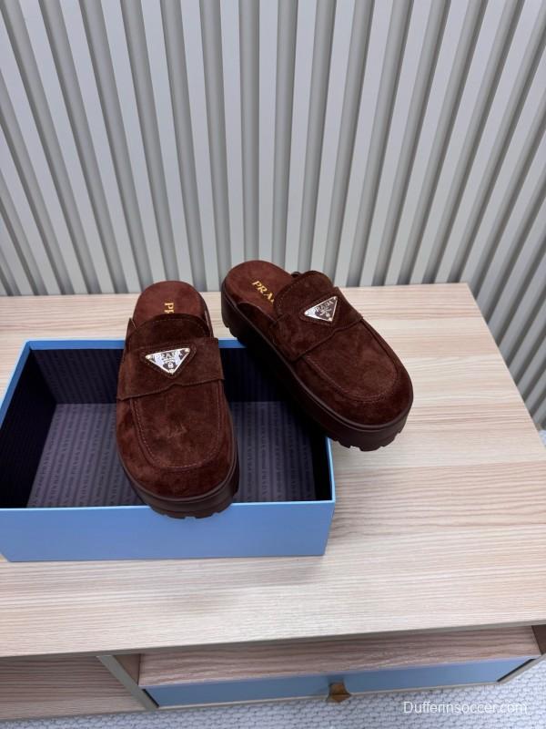 2025 Women Prada Brown Suede Platform Loafers