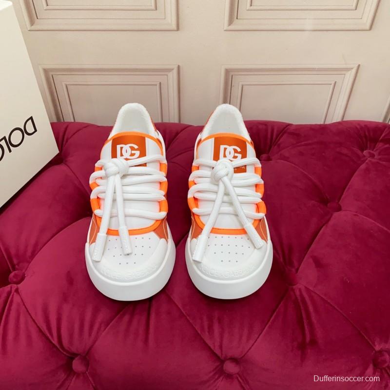 2025 Unisex Dolce & Gabbana Orange White Mesh Leather Sneakers