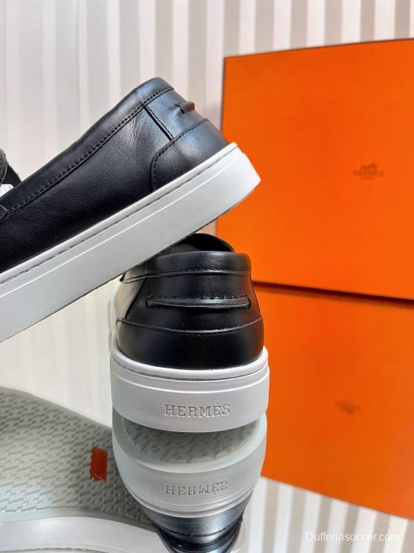 2025 Unisex Hermès Black Leather Fabric Loafers Slip-On LY00310(F)/LY00320(M)