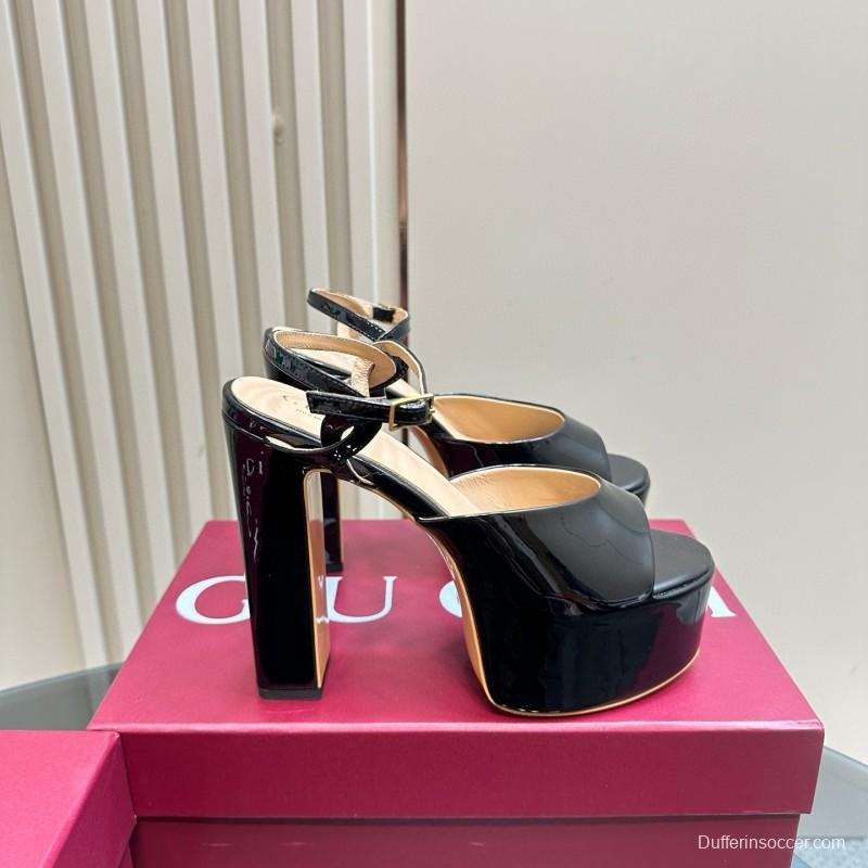 2025 Women Gucci Black Patent Leather Platform Sandals MJ00340