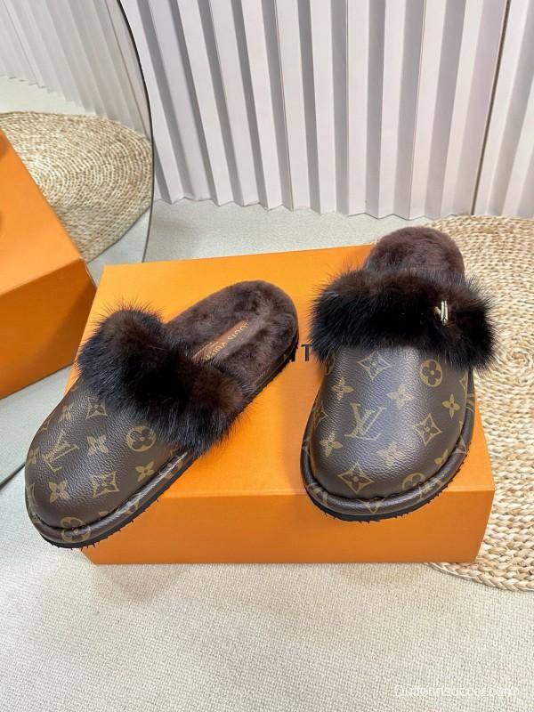 2024 Slippers Louis Vuitton Brown Leather Mink Fur Slippers MJ00340