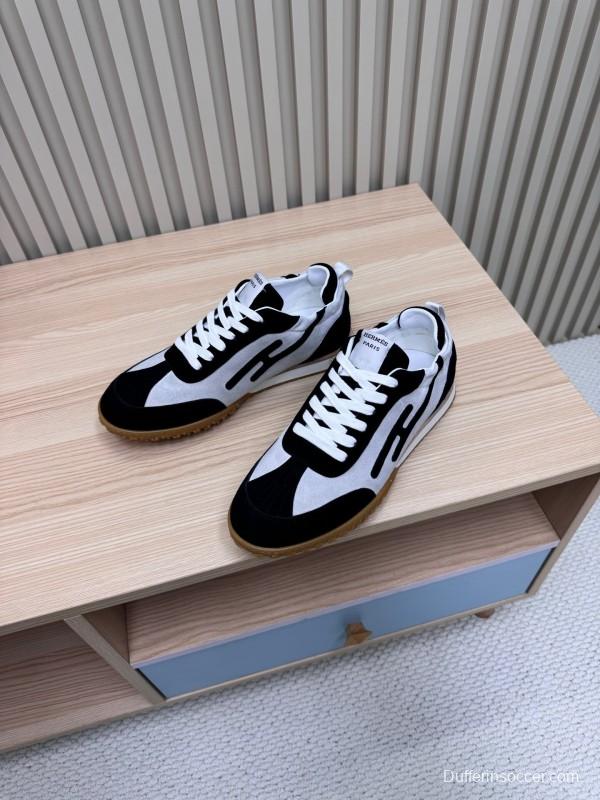 2025 Unisex Hermès Black White Suede Down Fabric Sneakers Top Version KFY00300