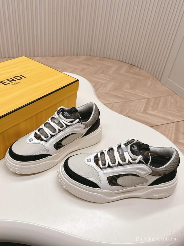 2025 Women Fendi White Black Grey Leather Mesh Sneakers