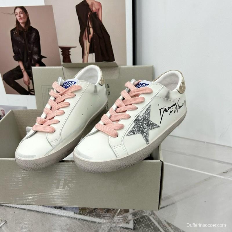 2025 Women GGDB White Pink Leather Suede Sneakers