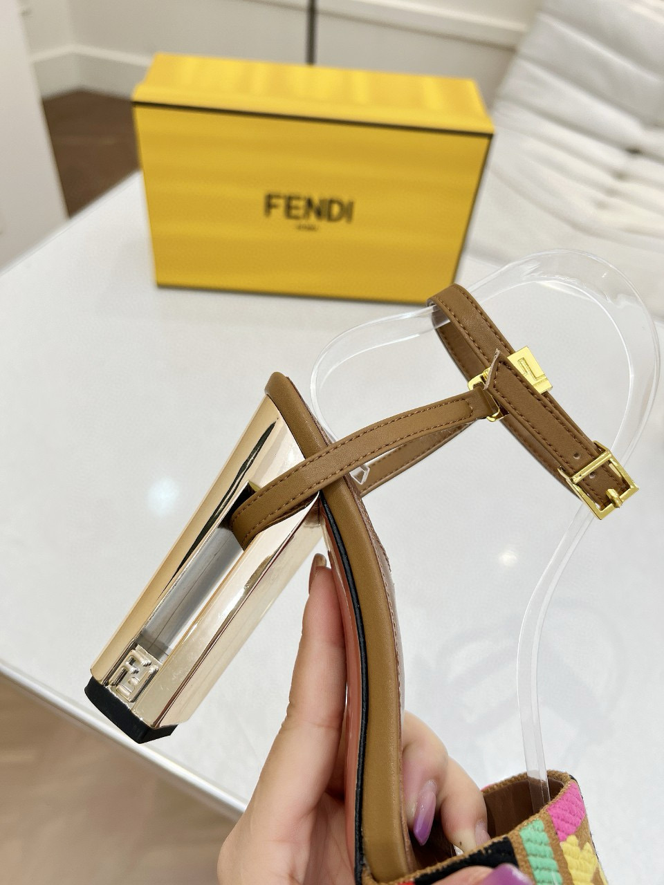 2025 Women Fendi Brown Multicolor Leather High Heel Sandals MJ00280