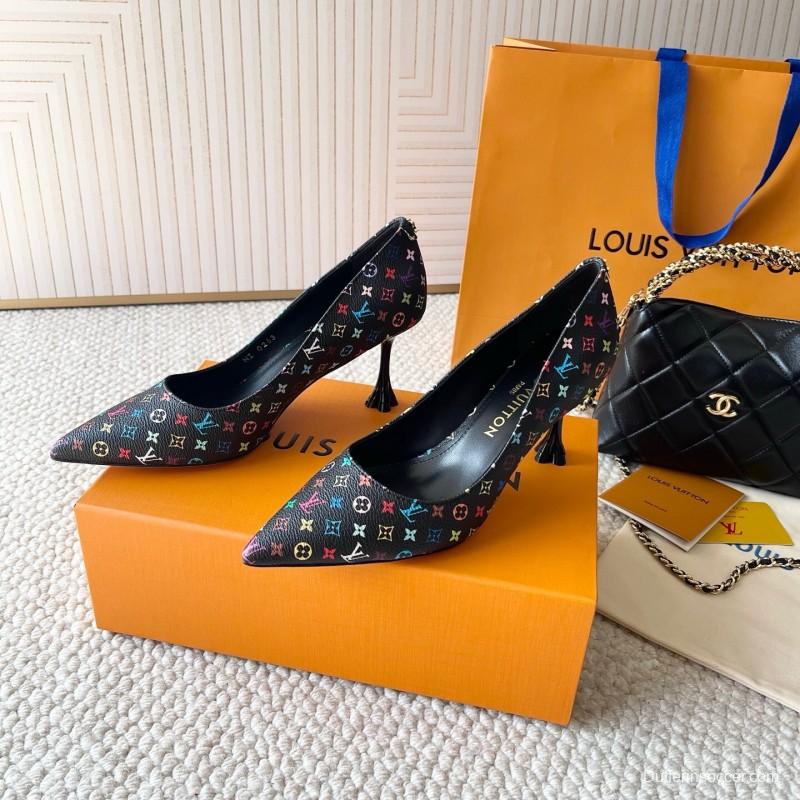 2025 Women Louis Vuitton Multicolor Canvas Leather Pumps