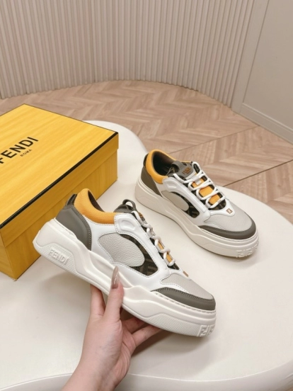 2025 Women Fendi White Grey Yellow Leather Mesh Sneakers