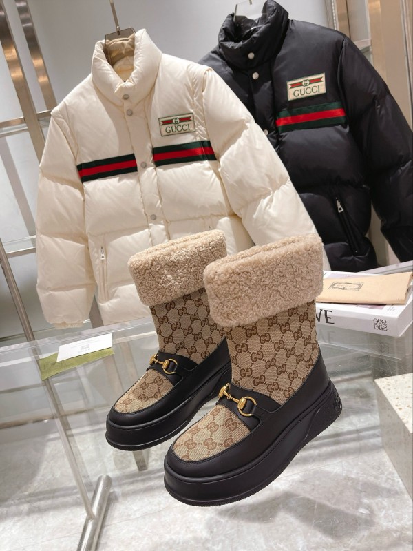 2024 Women Gucci Beige Brown Leather Snow Boots Horsebit MJ00420