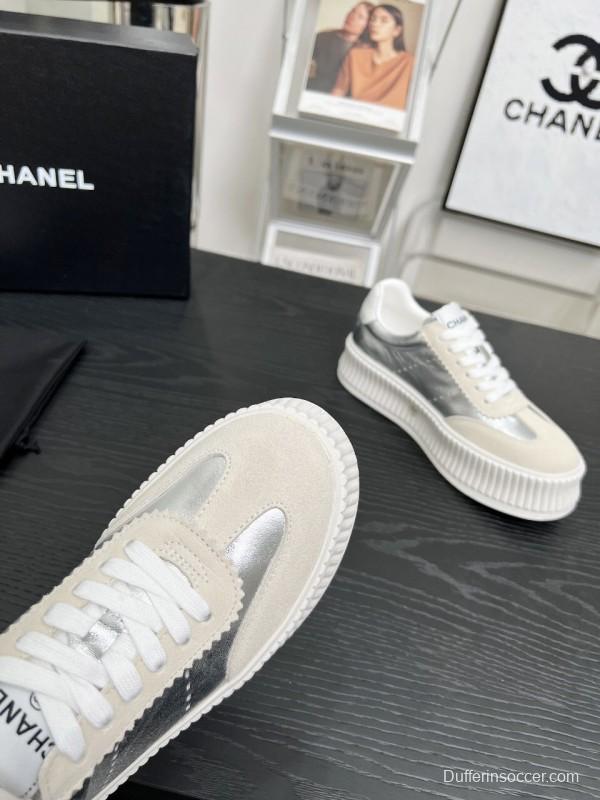 2025 Women Chanel White Silver Suede Leather Sneakers LY00270