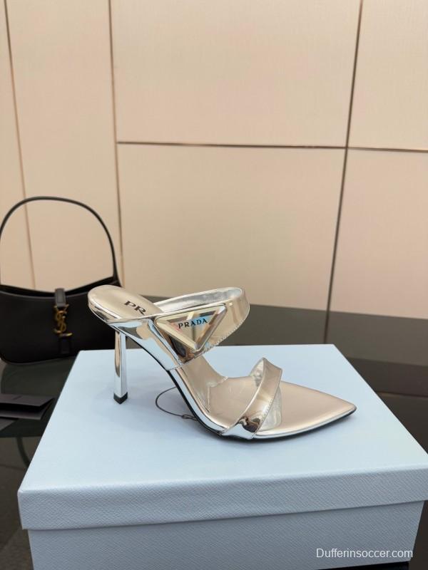 2025 Women Prada Silver Leather Pointed Toe Sandals