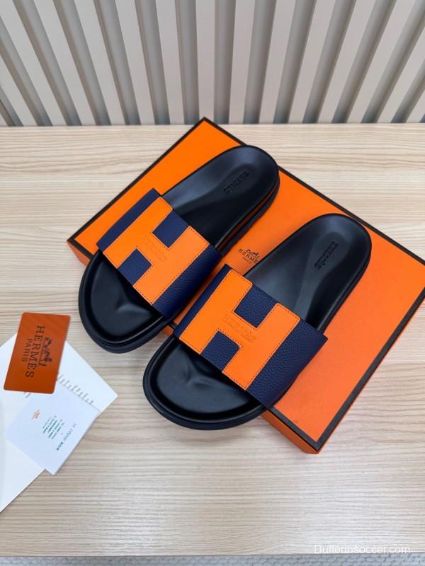 2025 Slippers Hermès Orange Navy Leather Slippers