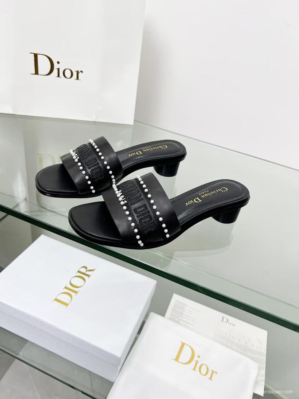 2025 Women Dior Black Leather Mules Pearl LY00210