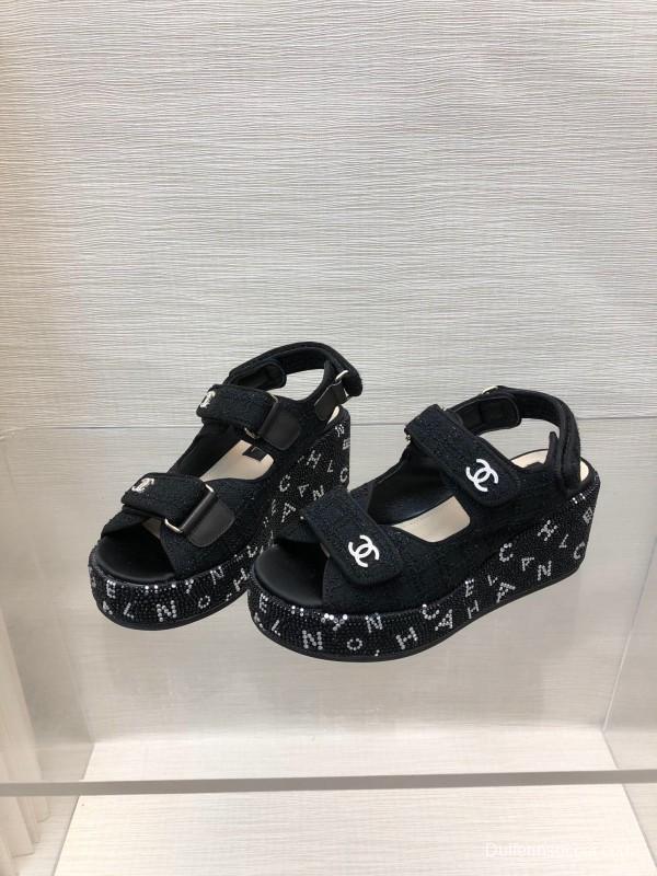 2025 Women Chanel Black Fabric Platform Sandals LY00330