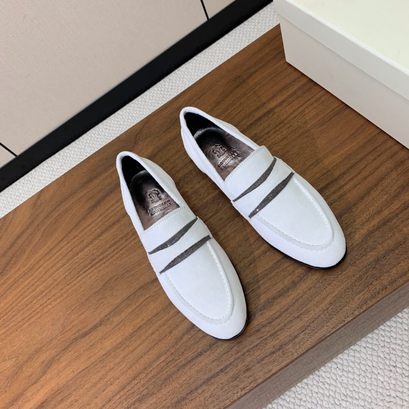 2025 Women Brunello Cucinelli White Suede Loafers Handcrafted Bead Chain Detail LY00360 (F)