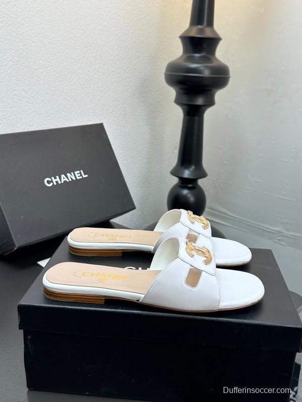2025 Women Chanel White Leather Slippers