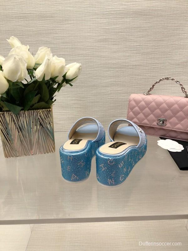 2025 Women Chanel Blue White Fabric Platform Slide Sandals LY00320