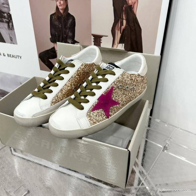 2025 Women GGDB White Gold Pink Glitter Leather Sneakers