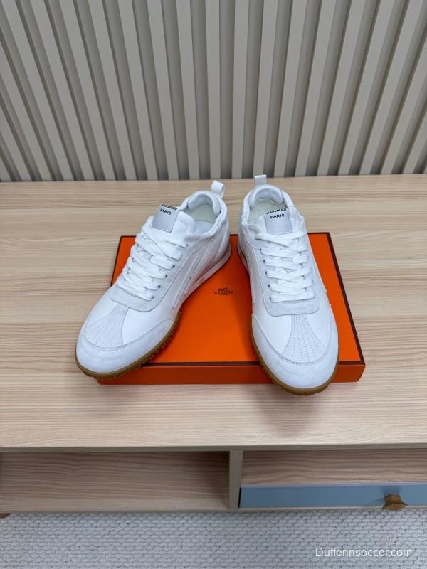 2025 Unisex Hermès White Suede Down Fabric Sneakers Top Version LY00310