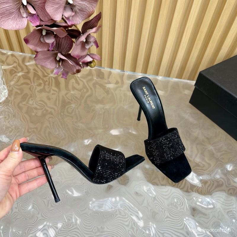 2025 Women Yves Saint Laurent Black Rhinestone Leather High Heel Sandals MJ00300