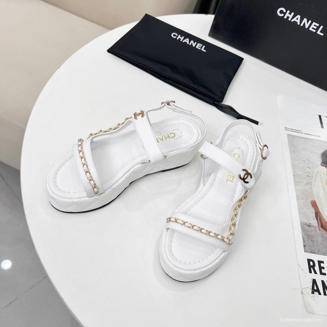 2025 Women Chanel White Leather Sandals Chain LY00260