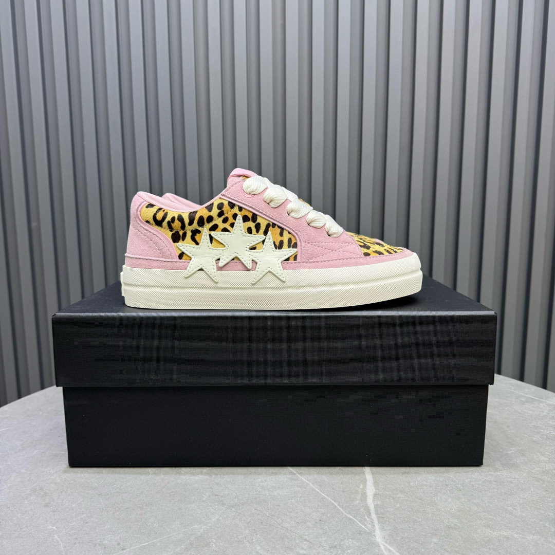 2024 Women Amiri Pink Leopard Canvas Leather Sneakers MJ00300