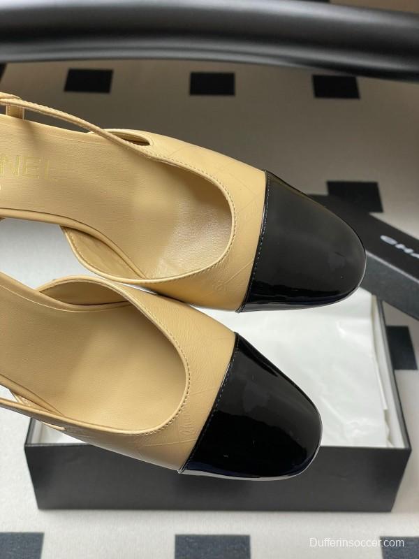 2025 Women Chanel Beige Black Leather Sling-back Classic Heel